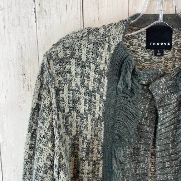 Trouve Gray Acrylic Knit Fringe Trim Long Cardigan Duster Sweater Size Large - Picture 3 of 13